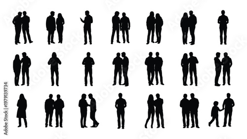 A collection of black silhouettes depicts various couples and small groups of people standing closely together arranged in a grid