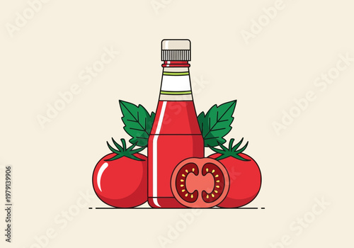 Minimalist Flat Vector Illustration of a Tomato Ketchup Bottle with Fresh Tomatoes and Leaves on a Neutral Background