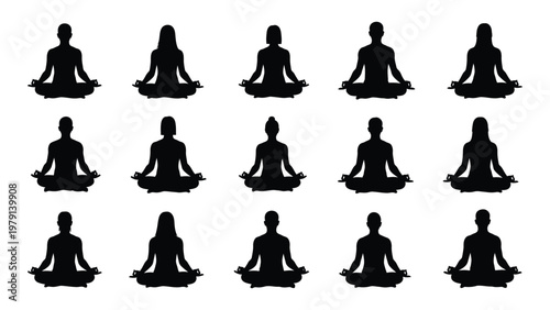 A collection of silhouettes depicting diverse individuals engaged in various meditative yoga poses on a white background high quality professional detailed