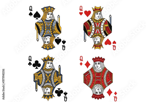 Set of Four Queen Playing Cards: Spades, Hearts, Clubs, and Diamonds Vector Illustration