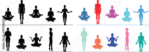 Set of women silhouettes in yoga and meditation poses. Vector icons for wellness, mindfulness, and spiritual health. Includes standing and sitting in lotus position for exercise and balance