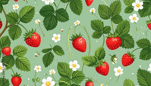 A seamless pattern of strawberries and flowers on a green background