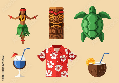 Tropical Hawaii Icon Set featuring Hula Dancer, Tiki Mask, Sea Turtle, Aloha Shirt, and Coconut Drink. Flat Vector Illustration for Summer Vacation and Tourism Design.
