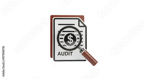 A magnifying glass examines a financial audit document with a dollar sign on a black background.