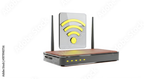 A wireless router with a Wi-Fi symbol on its screen against a black background