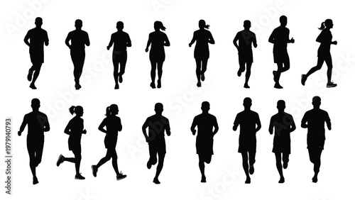 A collection of silhouetted figures depicts diverse people actively running showcasing movement and athletic exertion in a minimalist style high quality