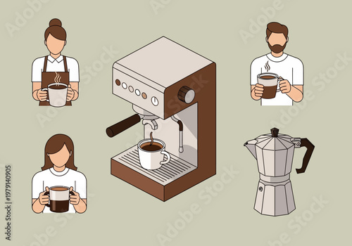 Isometric Coffee Culture Illustration Set Featuring Espresso Machine, Moka Pot, Barista, and People Enjoying Hot Drinks