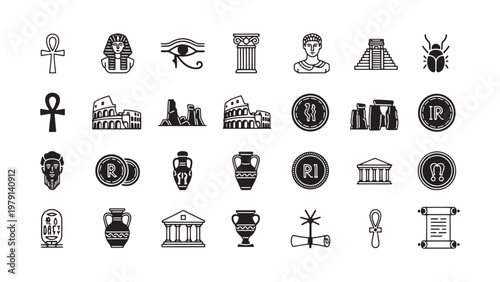 Ancient Egypt icons, 25 symbols, black and white, vector graphics, historical emblems, Egyptian landmarks
