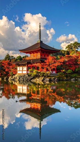 A serene Asian temple by a lake with vibrant autumn foliage
