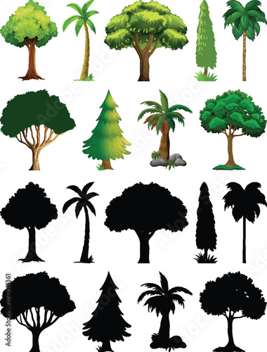 A collection of various trees and their silhouettes on a white background
