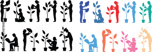 Set of human silhouette figures in various daily life and interaction poses with solid fill shapes, minimal flat vector collection