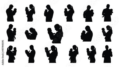 A collection of silhouette illustrations depicting mothers tenderly cradling and holding their newborn babies in various poses high quality professional detailed