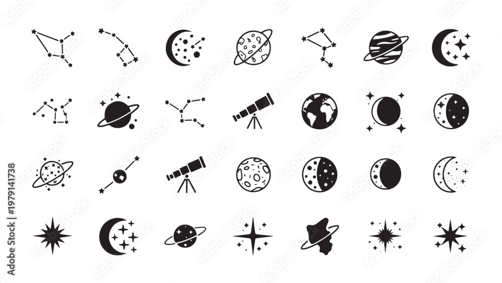 Fototapeta premium Space icons, astronomy symbols, celestial bodies, star and planet graphics, 25 black and white illustrations