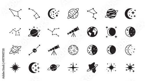 Space icons, astronomy symbols, celestial bodies, star and planet graphics, 25 black and white illustrations