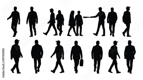 A collection of silhouetted figures mostly men walking in various poses against a stark white background high quality professional detailed modern