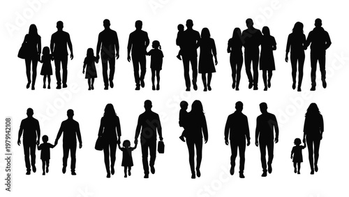 A collection of black silhouette figures depicting diverse families and individuals walking forward in a public space high quality professional detailed