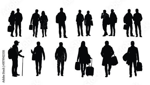 A collection of black silhouettes depicts diverse people many carrying luggage suggesting travel or commuting scenarios high quality professional detailed modern