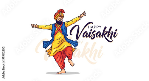 Vaisakhi festival illustration featuring a traditionally dressed Punjabi man celebrating the harvest with open arms against a clean white background, designed with bright, festive colors