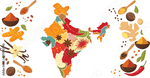 India Map with Spices Ingredients Collection Including Chili Turmeric Vanilla and Herbs Cooking Concept Flat Vector Illustration Set