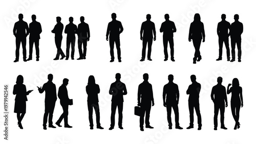 A collection of diverse silhouetted figures including men and women standing or conversing in various casual poses high quality professional detailed