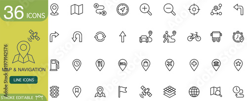 Map navigation icon line location geolocation route direction set on transparency background, outline symbol for travel app interface, editable stroke, minimal design for web, print, infographic