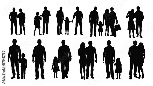 A collection of black silhouettes depicts diverse groups of people including families and couples in various poses and sizes high quality