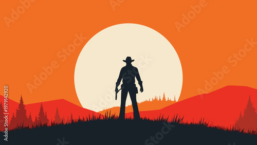 A silhouette of a cowboy wearing a hat and holsters standing on a grassy hill  abstract background vector illustration.