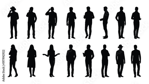 A collection of diverse black silhouettes depicts people in various casual poses standing and interacting in a group high quality professional