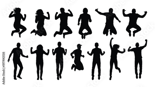 A collection of black silhouettes depicts a group of people joyfully jumping and celebrating with arms raised high quality professional detailed