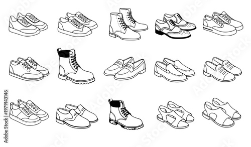 Mens shoes doodle style vector set with sneakers boots loafers and formal footwear hand drawn isolated on white background