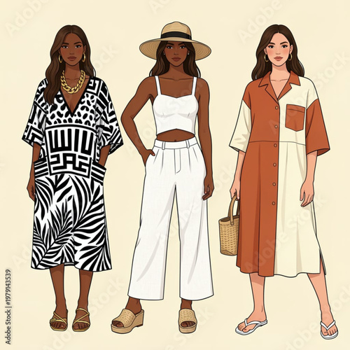 Women Summer Resort Wear Fashion Editorial Trio Modern Flat Vector Illustration