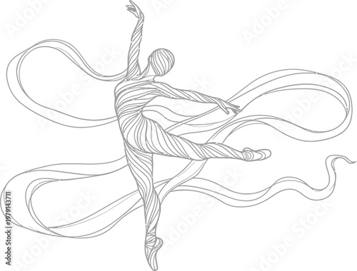 Elegant ballerina performing a graceful dance movement with flowing ribbons created using clean continuous black lines on white background surface
