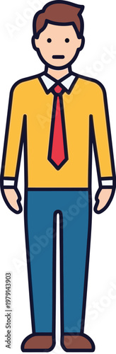 Man in yellow shirt and red tie standing alone indoors formally dressed