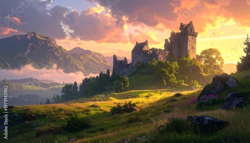 A serene castle landscape at sunset with rolling hills and mountains