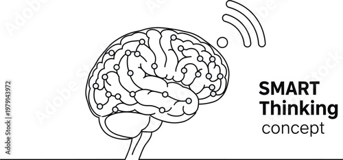 Abstract outline drawing of a human brain featuring interconnected neural pathways and wireless signals, symbolizing smart thinking and advanced concepts.
