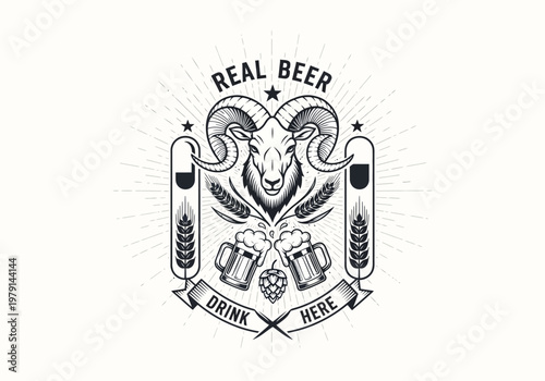 Vintage Craft Beer Brewery Logo with Ram Head, Beer Mugs, and Wheat. Retro Pub Emblem and Brewery Badge Design.