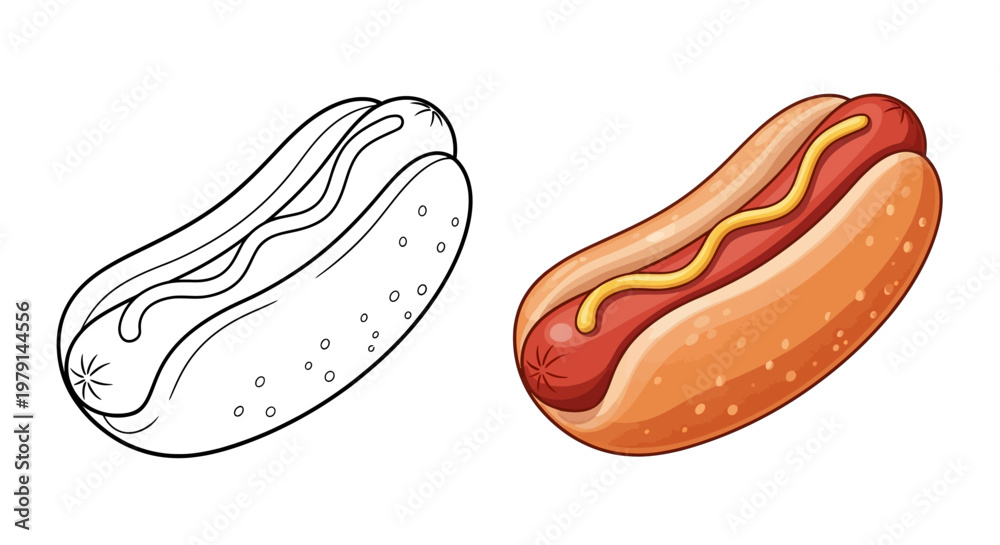 Fototapeta premium Hot Dog Coloring Page and Finished Illustration with Mustard