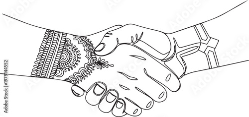 An illustration of two hands shaking, one adorned with intricate henna patterns and the other with geometric designs, symbolizing partnership and agreement