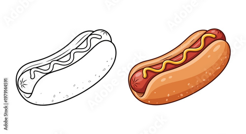 Hot Dog with Mustard in a Bun - Outline and Full Color Comparison