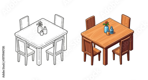 Isometric Dining Table and Chairs Set with Decorative Vases