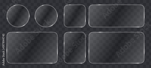 Set of glassmorphism frames, frosted glass plates, transparent ui elements with glossy borders, realistic vector shapes for web design and interface