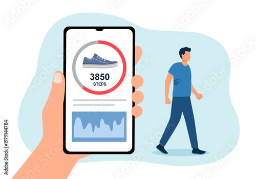 Man using mobile for counting steps. Step counter app on smartphone. Track daily walking progress on device screen. Healthy lifestyle concept.