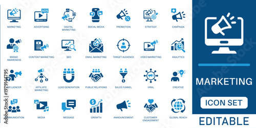 Marketing icon set. featuring advertising, digital strategy, social media promotion, SEO, brand awareness, and lead generation in blue flat design.