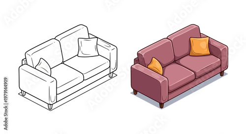 Isometric Sofa Line Art and Color Version, Modern Couch with Cushions, Vector Illustration