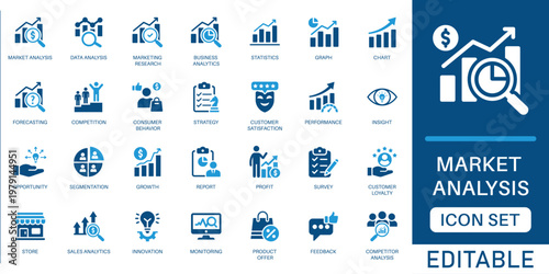 market analysis icon set. featuring business analytics, sales growth, survey,  innovation, strategy, data Analysis and monitoring icons in blue flat design.