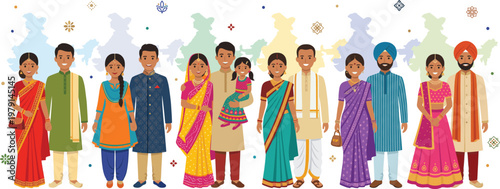 Indian Family Characters Collection with Traditional Ethnic Clothing Diverse Men Women and Child Cultural Attire Flat Vector Illustration Set
