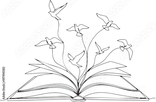 An open book symbolizing imagination, freedom, and the spread of knowledge as birds take flight from its pages, representing dreams and creativity