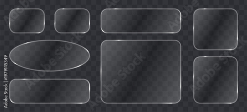 Set of glassmorphism style frames, transparent frosted glass plates with glossy borders, ui elements for web design, vector illustration dark background