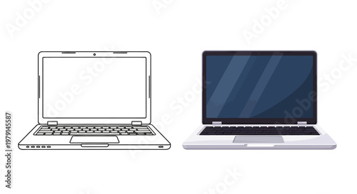 Laptop Comparison: Sketch vs. Realistic Rendering, Technology Concept