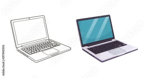 Laptop computer, outline and full color illustration, isolated on white background